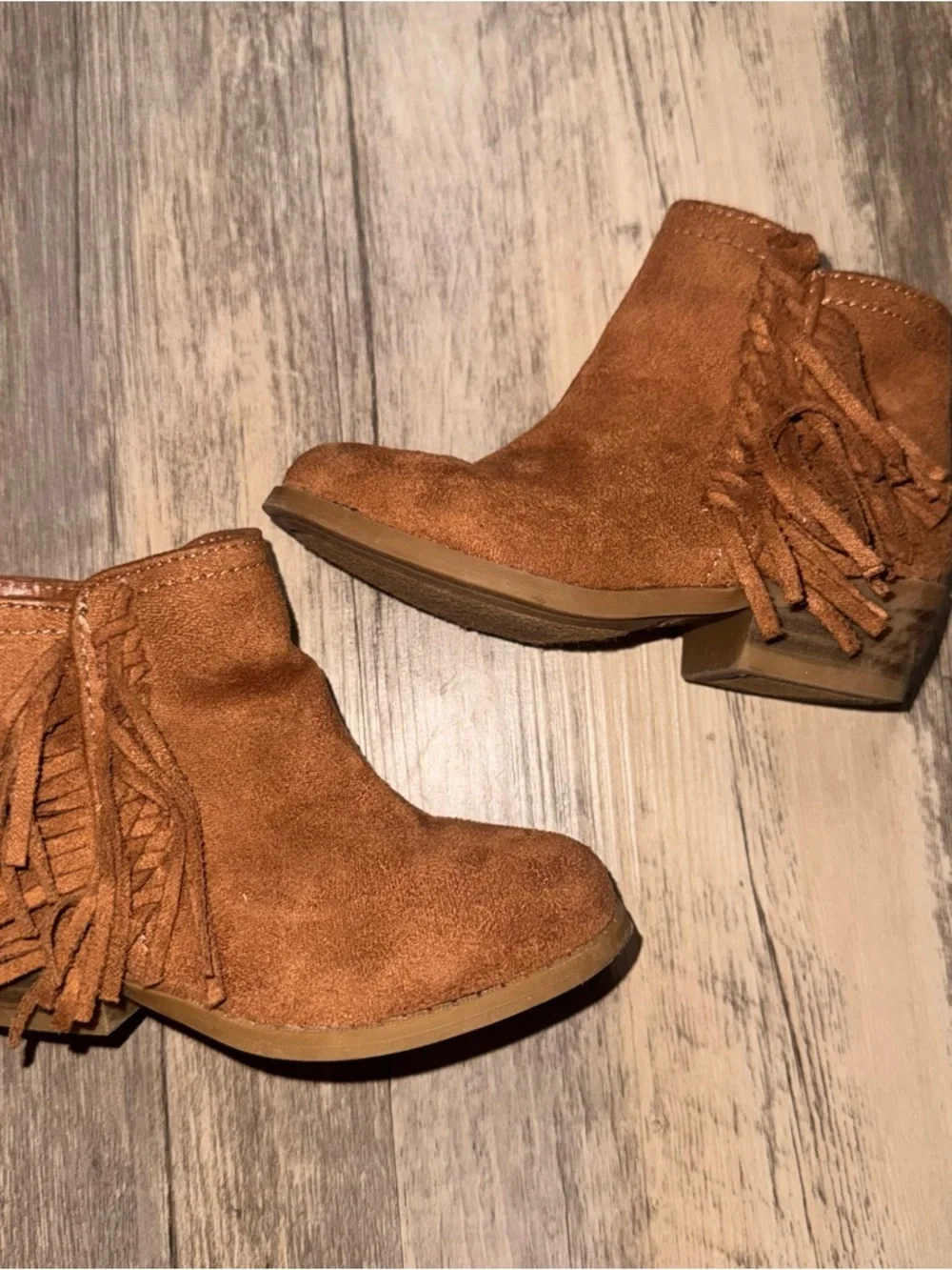 Rampage Kids Suede Fringe Ankle Booties- Cognac Brown